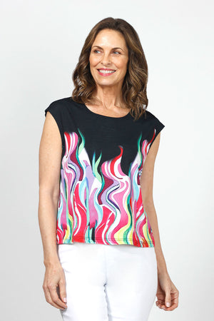 Frederique Groovy Lines Twin Set in Multi. Multi-colored vertical wavy lines print on black. Zip front biker style jacket with coordinating sleeveless tank with matching print. Relaxed fit._34995549241544