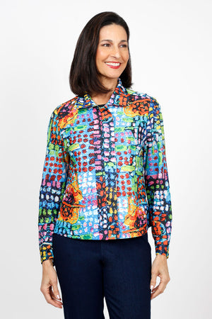 Frederique Dot Art Zip Twin Set in Multi. Bright blocks of dots in multi colors. Zip front mesh jacket with adjustable wire collar. Machine sleeveless tank with solid yoke and print bottom._35135793266888