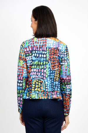 Frederique Dot Art Zip Twin Set in Multi. Bright blocks of dots in multi colors. Zip front mesh jacket with adjustable wire collar. Machine sleeveless tank with solid yoke and print bottom._35135793234120