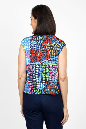 Frederique Dot Art Zip Twin Set in Multi. Bright blocks of dots in multi colors. Zip front mesh jacket with adjustable wire collar. Machine sleeveless tank with solid yoke and print bottom._35135793168584