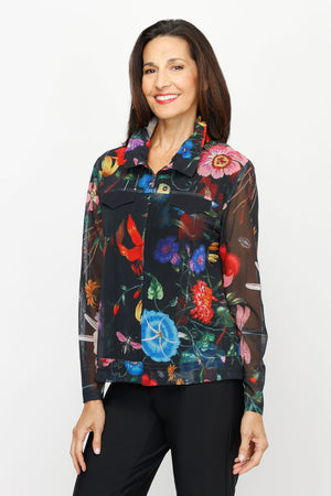 Frederique Floral Print Mesh Twinset in BlackMulti. Screen print zip front mesh long sleeve jacket with sleeveless matching printed tank.  Relaxed fit._61189717819758
