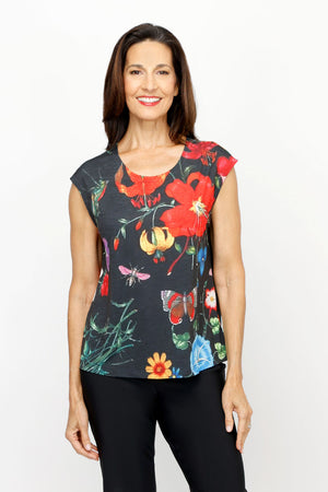 Frederique Floral Print Mesh Twinset in BlackMulti. Screen print zip front mesh long sleeve jacket with sleeveless matching printed tank.  Relaxed fit._61189717885294