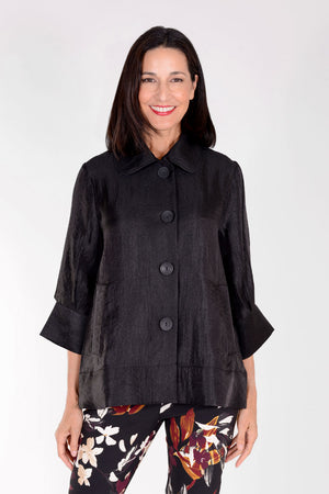 Frederique Solid Sheen Jacket in Black. Luminescent fabric. Peter pan collar, novelty buttons. 3/4 sleeve with turn back split cuff. Relaxed fit._34416729030856