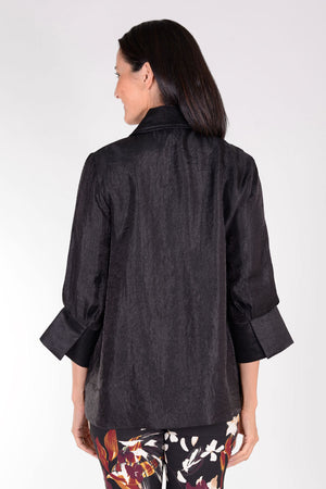 Frederique Solid Sheen Jacket in Black. Luminescent fabric. Peter pan collar, novelty buttons. 3/4 sleeve with turn back split cuff. Relaxed fit._34416728998088
