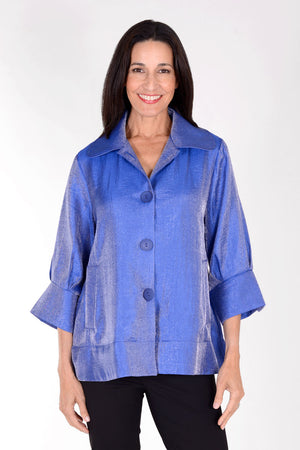 Frederique Solid Sheen Jacket in Royal. Luminescent fabric. Peter pan collar, novelty buttons. 3/4 sleeve with turn back split cuff. Relaxed fit._34416728932552
