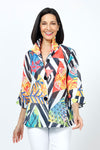 Frederique Print Pop Jacket.  Bright multi color geometric and abstract print.  Adjustable wire collar button down lightweight jacket.  3/4 sleeve.  A line shape.  Relaxed fit._t_35222901063880