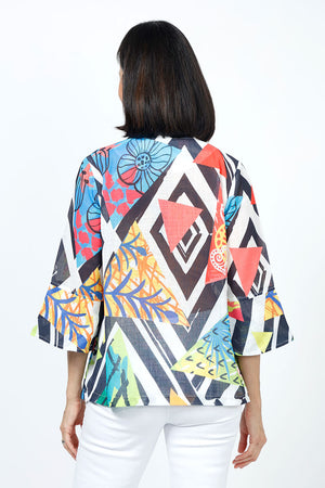 Frederique Print Pop Jacket. Bright multi color geometric and abstract print. Adjustable wire collar button down lightweight jacket. 3/4 sleeve. A line shape. Relaxed fit._35222901096648