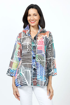 Frederique Colorful Grids Jacket.  Black and white grid with colorful accents.  Adjustable wire collar with 3/4 sleeve with split cuff.  Button down with novelty buttons.  Relaxed fit._35222933242056