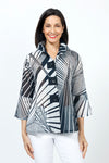 Frederique Black/White Geometric Print Jacket.  Black and white abstract mixed geometric print.  Adjustable wire collar lightweight button down jacket with button hole trim.  3/4 sleeve with tulip hem.  A line shape. Relaxed fit._t_35222921314504
