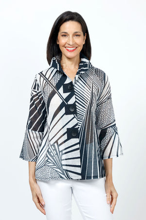 Frederique Black/White Geometric Print Jacket.  Black and white abstract mixed geometric print.  Adjustable wire collar lightweight button down jacket with button hole trim.  3/4 sleeve with tulip hem.  A line shape. Relaxed fit._35222921314504