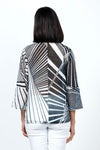 Frederique Black/White Geometric Print Jacket. Black and white abstract mixed geometric print. Adjustable wire collar lightweight button down jacket with button hole trim. 3/4 sleeve with tulip hem. A line shape. Relaxed fit._t_35222921281736