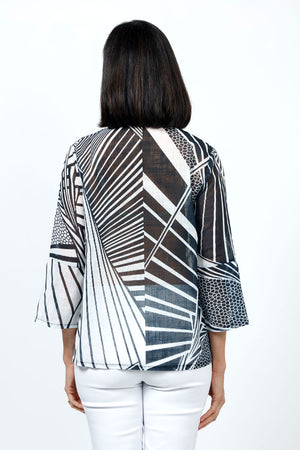 Frederique Black/White Geometric Print Jacket. Black and white abstract mixed geometric print. Adjustable wire collar lightweight button down jacket with button hole trim. 3/4 sleeve with tulip hem. A line shape. Relaxed fit._35222921281736