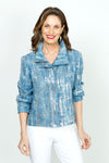 Frederique Sequin Detail Biker Jacket in Denim.  Silver sequin grid pattern on denim.  Zip front jacket with hidden zipper placket and convertible stand collar.  Bracelet length sleeves with cuff.  Angled zip pockets. Back yoke. Fully lined Relaxed fit._t_52917063287150