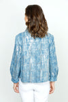 Frederique Sequin Detail Biker Jacket in Denim.  Silver sequin grid pattern on denim.  Zip front jacket with hidden zipper placket and convertible stand collar.  Bracelet length sleeves with cuff.  Angled zip pockets. Back yoke. Fully lined Relaxed fit._t_52917063352686