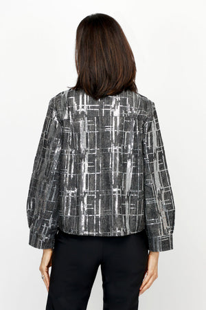 Frederique Sequin Detail Biker Jacket in Black.  Silver sequin grid pattern on black denim.  Zip front jacket with hidden zipper placket and convertible stand collar.  Bracelet length sleeves with cuff.  Angled zip pockets. Back yoke. Fully lined Relaxed fit._61305507610990