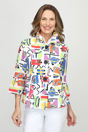 Frederique Playful Squiggle Print Jacket in Multi on White.  Lightweight adjustable collar button down jacket.  Flounced tier below waist.  3/4 sleeve with tulip hem.  Relaxed fit._60711692108142