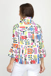 Frederique Playful Squiggle Print Jacket in Multi on White.  Lightweight adjustable collar button down jacket.  Flounced tier below waist.  3/4 sleeve with tulip hem.  Relaxed fit._t_60711692075374
