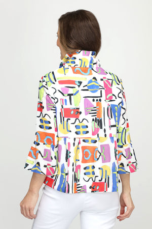 Frederique Playful Squiggle Print Jacket in Multi on White.  Lightweight adjustable collar button down jacket.  Flounced tier below waist.  3/4 sleeve with tulip hem.  Relaxed fit._60711692075374