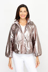 Frederique Metallic Draw String Jacket in Pink.  Rose gold metallic nylon jacket.  Convertible and adjustable collar, zip front jacket.  Drawstring at front waist.  Long balloon sleeves with elastic cuff.  Inverted pleat at center back.  Relaxed fit._t_61189680431470