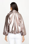 Frederique Metallic Draw String Jacket in Pink.  Rose gold metallic nylon jacket.  Convertible and adjustable collar, zip front jacket.  Drawstring at front waist.  Long balloon sleeves with elastic cuff.  Inverted pleat at center back.  Relaxed fit._t_61189680464238