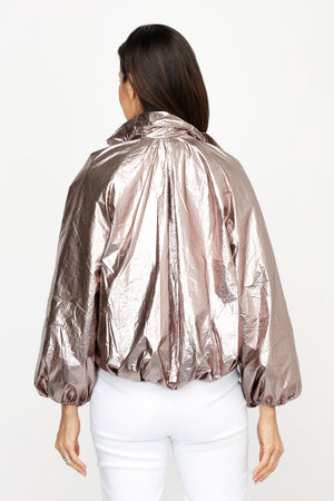 Frederique Metallic Draw String Jacket in Pink.  Rose gold metallic nylon jacket.  Convertible and adjustable collar, zip front jacket.  Drawstring at front waist.  Long balloon sleeves with elastic cuff.  Inverted pleat at center back.  Relaxed fit._61189680464238