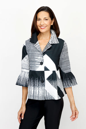 Frederique Abstract Mixed Patterns Jacket in Black & White.  Adjustable spread collar button down with 3 novelty black buttons.  3/4 sleeve with tulip hem.  Peplum waist.  Relaxed fit._61189844926830