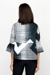 Frederique Abstract Mixed Patterns Jacket in Black & White.  Adjustable spread collar button down with 3 novelty black buttons.  3/4 sleeve with tulip hem.  Peplum waist.  Relaxed fit._t_61189844959598