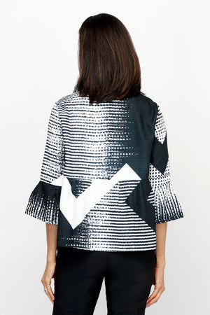 Frederique Abstract Mixed Patterns Jacket in Black & White.  Adjustable spread collar button down with 3 novelty black buttons.  3/4 sleeve with tulip hem.  Peplum waist.  Relaxed fit._61189844959598