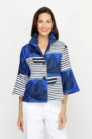 Frederique Stripes & Floral Jacket in Black/White/Blue.  Striped and large floral patchwork.  Adjustable wire collar button down jacket with 2 novelty buttons.  3/4 sleeve with tulip hem.  A line shape.  Relaxed fit._61189689639278