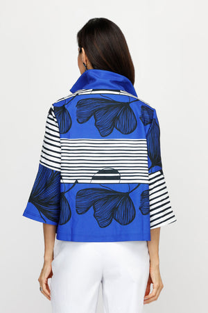 Frederique Stripes & Floral Jacket in Black/White/Blue.  Striped and large floral patchwork.  Adjustable wire collar button down jacket with 2 novelty buttons.  3/4 sleeve with tulip hem.  A line shape.  Relaxed fit._61189689672046