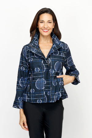 Frederique Bubble Dots Biker Jacket.  Adjustable collar with zip front.  Covered zipper placket.  3/4 sleeve with tulip hem.  Lightly textured fabric.  2 front zip pockets.  Relaxed fit._61189811700078