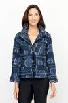 Frederique Bubble Dots Biker Jacket.  Adjustable collar with zip front.  Covered zipper placket.  3/4 sleeve with tulip hem.  Lightly textured fabric.  2 front zip pockets.  Relaxed fit._t_61189811732846