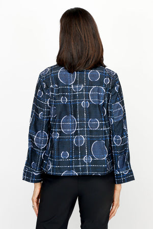 Frederique Bubble Dots Biker Jacket.  Adjustable collar with zip front.  Covered zipper placket.  3/4 sleeve with tulip hem.  Lightly textured fabric.  2 front zip pockets.  Relaxed fit._61189811765614
