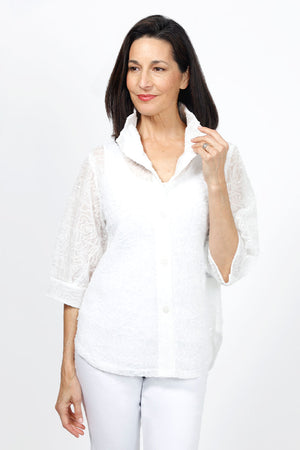 Frederique Sequin Flowers Jacket in White. Adjustable wire collar button down jacket with sequin ribbon on white mesh. Elbow length sleeve with banded cuff. Shirt tail hem. Relaxed fit._34988223660232