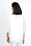 Frederique Sequin Flowers Jacket in White. Adjustable wire collar button down jacket with sequin ribbon on white mesh. Elbow length sleeve with banded cuff. Shirt tail hem. Relaxed fit._t_34988223627464