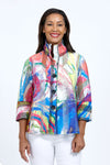 Frederique Color Mix Mesh Jacket in Multi.  Bright abstract splash print.  Alternating vertical strips of solid and perforated mesh.  Stand up convertible wire collar button down jacket.  3/4 sleeves with tulip hem.  Relaxed fit._t_34959880585416