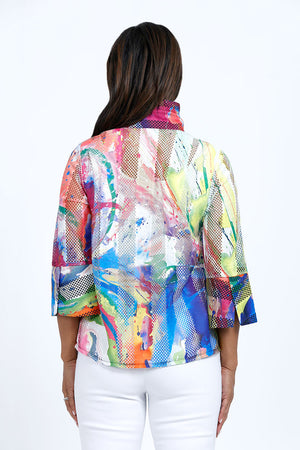 Frederique Color Mix Mesh Jacket in Multi. Bright abstract splash print. Alternating vertical strips of solid and perforated mesh. Stand up convertible wire collar button down jacket. 3/4 sleeves with tulip hem. Relaxed fit._34959880650952