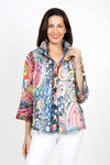 Frederique Color Targets Mesh Jacket in Multi.  Bright multi colored circles within circles print.  Alternating stripes of solid and mesh.  Convertible collar button down jacket with 3/4 sleeve with tulip cuff.  Relaxed fit._t_35135839469768