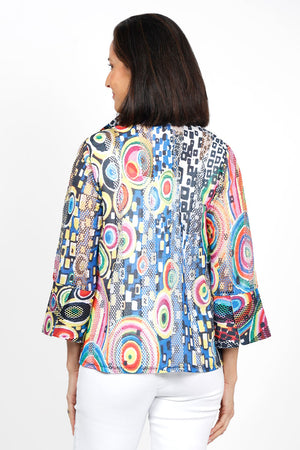 Frederique Color Targets Mesh Jacket in Multi. Bright multi colored circles within circles print. Alternating stripes of solid and mesh. Convertible collar button down jacket with 3/4 sleeve with tulip cuff. Relaxed fit._35135839502536