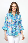 Frederique Bright Multi Lines Ruffle Jacket in Blue Multi.  Abstract block and line print in shades of blue with coral, yellow and green accents.  Convertible wire collar button front jacket with hidden button placket covered in ruffle trim.  3/4 sleeve with bubble cuff.  A line shape.  Relaxed fit._t_34995524862152