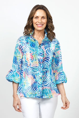 Frederique Bright Multi Lines Ruffle Jacket in Blue Multi.  Abstract block and line print in shades of blue with coral, yellow and green accents.  Convertible wire collar button front jacket with hidden button placket covered in ruffle trim.  3/4 sleeve with bubble cuff.  A line shape.  Relaxed fit._34995524862152