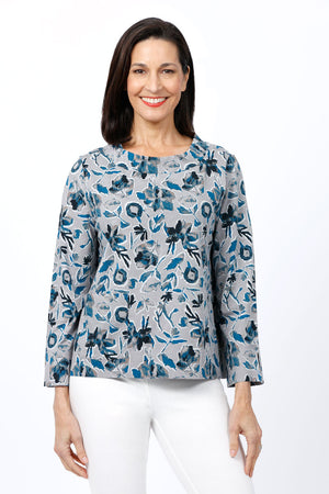 Habitat Floral Deep Hem Pocket Tee in Mirage.  Floral print of blue and gray on a stone.  Crew neck with banded collar, bracelet sleeve. Boxy top with 2 front pockets. Relaxed fit._34810963329224