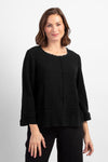 Habitat Pattern Play Pocket top in Black. Textured crew neck top with cuffed 3/4 sleeve. Center front lapped seam. Front hem insert with inset pockets. Plain back. Fringed edges at neck, cuff, front seam and pockets. A line shape. Relaxed fit._t_34551140810952