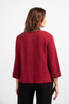 Habitat Pattern Play Pocket top in Cranberry. Textured crew neck top with cuffed 3/4 sleeve. Center front lapped seam. Front hem insert with inset pockets. Plain back. Fringed edges at neck, cuff, front seam and pockets. A line shape. Relaxed fit._t_34550936993992