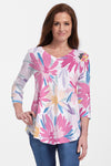 Whimsy Rose Loves Me Flowy Tunic. Large stylized blue hot pink and light pink floral pattern on front. Pink and white square pattern on back. V neck, 3/4 sleeve a line long flowing tee. Tunic length._t_34186835558600