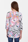 Whimsy Rose Zebra Posy Flowy Tunic. Bright posy floral print over a black and white zebra print. V neck 3/4 sleeve top with curved hem and relaxed fit._t_34200035000520
