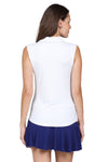 IBKUL Sleeveless Solid Polo in White. Pointed collar half zip sleeveless top with tiny cap at shoulder. UPF 50+ birdseye fabric. Classic fit._t_34326877241544