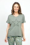 Organic Rags Fringe Star top in Khaki. V neck short sleeve top with textured fringe outline of star in front. Rolled edge at neckline. Relaxed fit._t_34910593188040