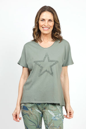 Organic Rags Fringe Star top in Khaki. V neck short sleeve top with textured fringe outline of star in front. Rolled edge at neckline. Relaxed fit._34910593188040
