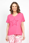 Organic Rags Fringe Star top in Hot Pink. V neck short sleeve top with textured fringe outline of star in front. Rolled edge at neckline. Relaxed fit._t_34910593417416